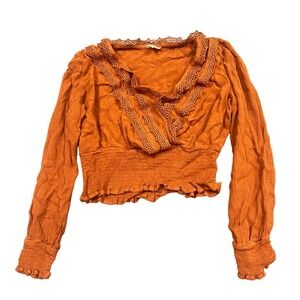Self E‎ Crop Top Womens Small Burnt Orange Boho Lace Smocked Long Sleeve V-Neck